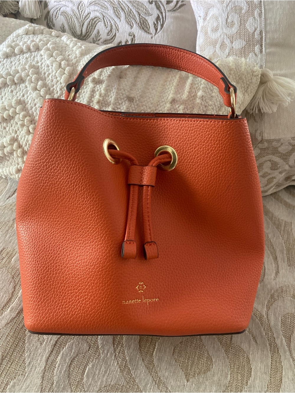 Nanette Lepore Orange Pebbled Bucket Bag Top Handle Purse - Picture 9 of 9